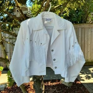 Vintage 80s White Western Fringe Jean Jacket